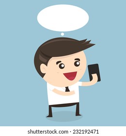 Businessman playing with phone, flat design
