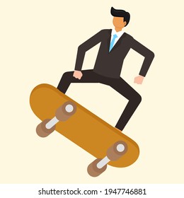 businessman playing skateboard, flat illustration vector graphic