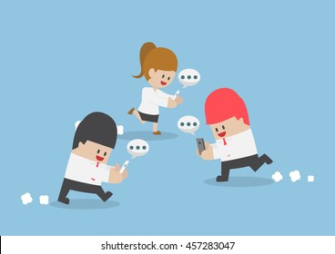 Businessman playing smartphone while walking, social media addiction concept