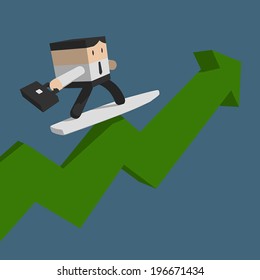 Businessman playing surfboard on business graph, White shirt with black necktie, Stylized cartoon vector EPS10