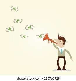 Businessman playing trumpet music as sound of dollar notes. Vector cartoon design.