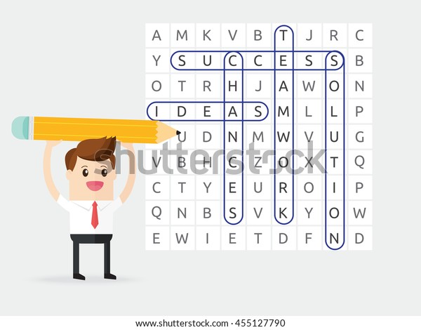 businessman playing word\
search puzzle and found words teamwork and ideas and solution and\
chances and\
success