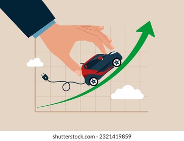 Businessman plays with electric car on rising up green stock market arrow graph. Electric car stock pice soaring. Flat vector illustration