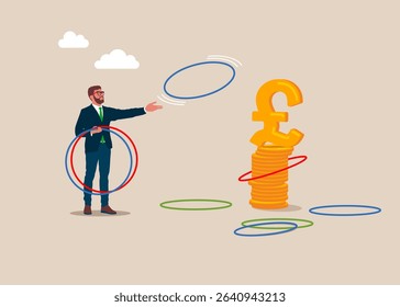 Businessman plays throwing ring game. Decide precision challenge test. The business improve and growth concept. Business strategy, management, marketing. Pile of coins and pound sterling sign. Vector
