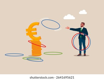 Businessman plays throwing ring game. Decide precision challenge test. Euro money. Business strategy, investment, wealth, management, marketing. Flat vector illustration