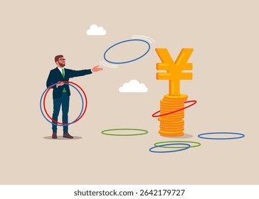 Businessman plays throwing ring game. Decide precision challenge test. The business improve and growth concept. Business strategy, investment. Pile of coins and sign Japanese Yuan. Vector.