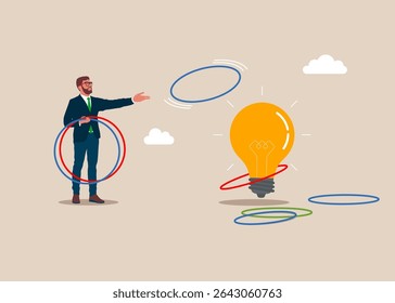 Businessman plays throwing ring game. Cannot decide precision challenge test. Creativity to help business opportunity, discover new solution or idea, curiosity, searching for success concept. Vector