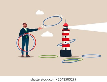 Businessman plays throwing ring game. Decide precision challenge test. Business vision, competition, foresight, looking for career path. Vector illustration flat style. 