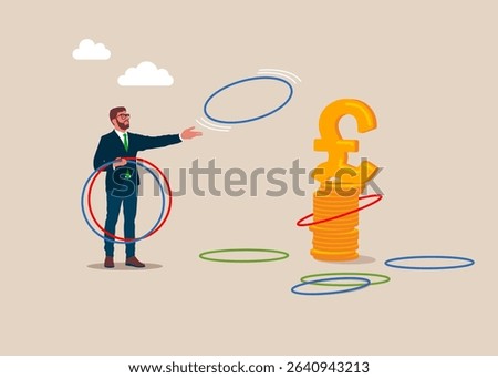 Businessman plays throwing ring game. Decide precision challenge test. The business improve and growth concept. Business strategy, management, marketing. Pile of coins and pound sterling sign. Vector