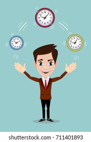 Businessman plays with Time, symbolizing time management. Stock vector illustration
