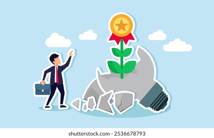 A businessman is pleased with the growth of award medals sprouting from a broken lamp, illustration of Achievement from strategies based on old, unused ideas and innovations