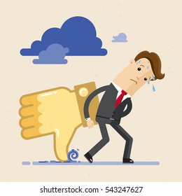 Businessman with a plow in form of sign "like" or "thumbs up". Work on reputation, brand promotion. Likes and positive feedback concept. Reputation management concept . Vector, illustration, flat. 