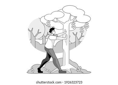 Businessman plucking dollar by shaking tree. Flat illustration isolated on white background.