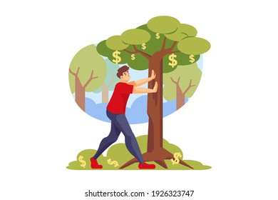 Businessman plucking dollar by shaking tree. Flat illustration isolated on white background.