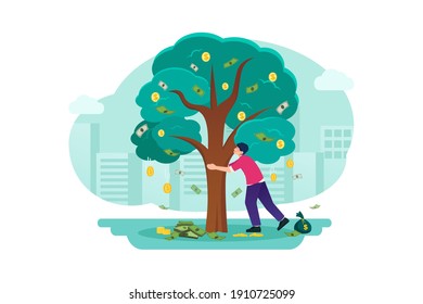 Businessman plucking dollar from tree. Flat illustration isolated on white background.