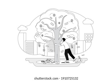 Businessman plucking dollar from tree. Flat illustration isolated on white background.