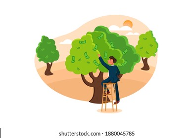 Businessman plucking dollar from tree Vector Illustration concept. Flat illustration isolated on white background.