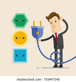 Businessman with plug and different sockets . Business connection concept. Vector, illustration, flat.