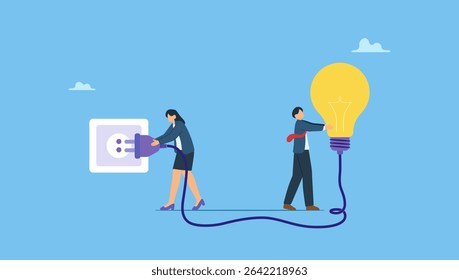 Businessman plug in light bulb with work colleague together. Business people successfully connecting a light bulb to an electrical outlet. Business Connection, innovation or get new idea.