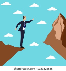 Businessman point at another mantain cliff to climb,employee looking for another way to go higher goal, business challenges target 