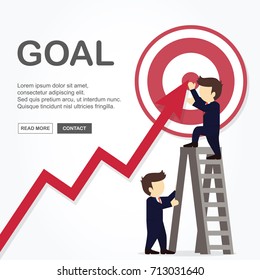 Businessman point chart to target. Goal achievement concept. Vector illustration.