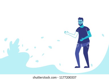 businessman point hand showing something male cartoon character full length horizontal vector illustration