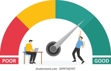 El hombre de negocios apunta a la tabla de rendimiento, buen rendimiento de trabajo, los Clientes dan buenas calificaciones, buenos trabajos, concepto de diseño de Ilustración vectorial en estilo plano

