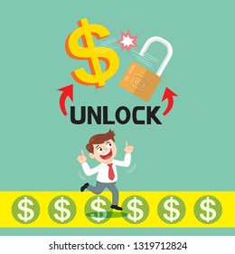 Businessman point unlocking money key, illustration vector cartoon