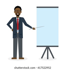 Businessman with pointer and easel board on white background. Teacher or businessman showing and presenting. African american businessman. Office person. 