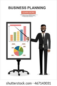Businessman with pointer and presentation on screen. Modern flat design concept for web banner, website, printed materials, infographics. Creative vector illustration