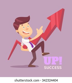 Businessman pointing up arrow. Vector flat illustration
