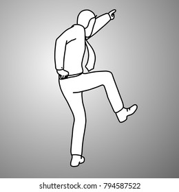businessman pointing at the back vector illustration doodle sketch hand drawn with black lines isolated on gray background. Business concept. 