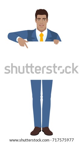 Businessman pointing at banner over white. Full length portrait of Black Business Man in a flat style. Vector illustration.