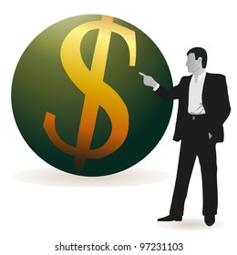 Businessman pointing at a big Euro symbol