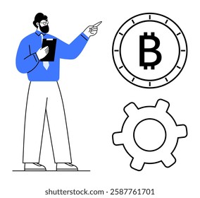 Businessman pointing at Bitcoin symbol and gear icons. Ideal for cryptocurrency, blockchain, financial technology, digital transactions, fintech, business presentations, tech startups. Line metaphor