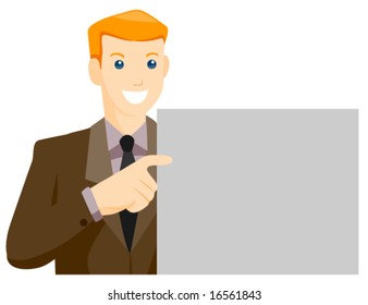 Empresario apuntando al cartón blanco - Vector