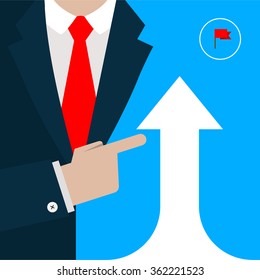 Businessman pointing to the board arrow Graph going up. Business concept Vector Poster presentation template illustration