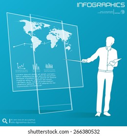 Businessman pointing at a board at a presentation. Text and elements can be changed by your wish. Vector illustration.