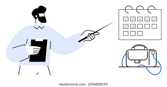 Businessman pointing at calendar with check marks holding clipboard. Ideal for project planning, productivity, time management, business presentations, organization, office workflow, goal setting