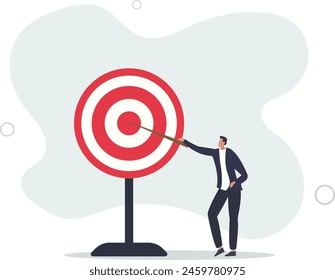 businessman pointing at center of bullseye archery target.flat vector illustration.