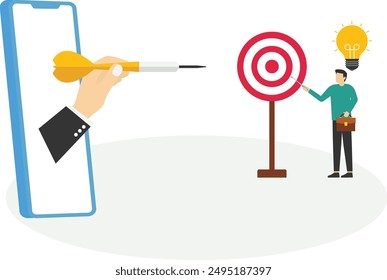 Businessman pointing at center of bullseye archery target. Aiming at target. Flat vector illustration.
