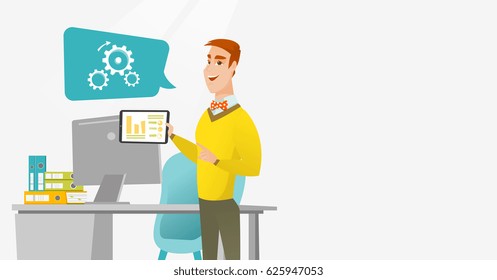 Businessman pointing at charts on digital tablet during presentation. Man giving business presentation on tablet. Business technologies concept. Vector flat design illustration. Horizontal layout.