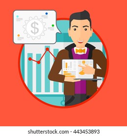 Businessman pointing at the charts on laptop screen. Young businessman presenting report with a laptop on a background of graph. Vector flat design illustration in the circle isolated on background.