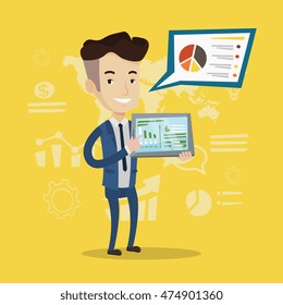 Businessman pointing at the charts on tablet computer screen. Young businessman presenting report with a digital tablet on a background of graphs. Vector flat design illustration. Square layout.