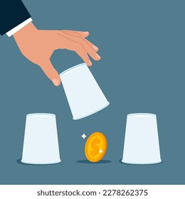 Businessman pointing to a cup open it to reveal money dollar coin profit. Gambling risk. Modern vector illustration in flat style