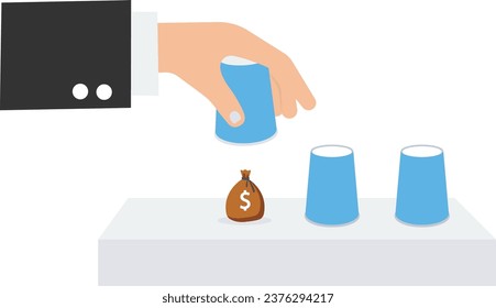 Businessman pointing to a cup opens it to reveal money dollar coin profit. Gambling risk

