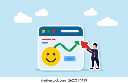 Businessman Pointing Cursor at Line Chart on App Interface with Happy Emoticon Illustration of Public Attention and Positive Response Growth