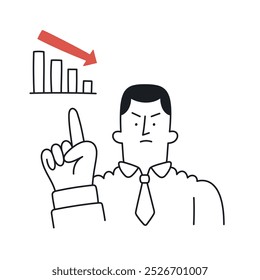 Empresário apontando para um gráfico em declínio, alertando sobre problemas financeiros. Estilo Doodle com um toque editável.
