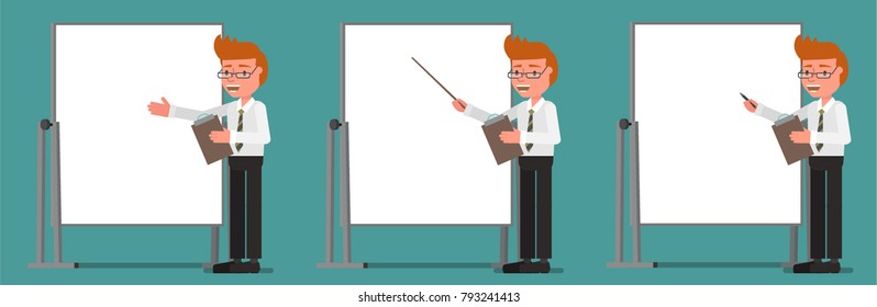Businessman pointing to a demonstration stand. Vector illustration. Flat design style.
