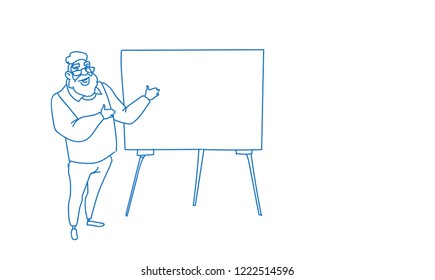businessman pointing empty flip chart seminar training conference brainstorming presentation sketch doodle horizontal vector illustration